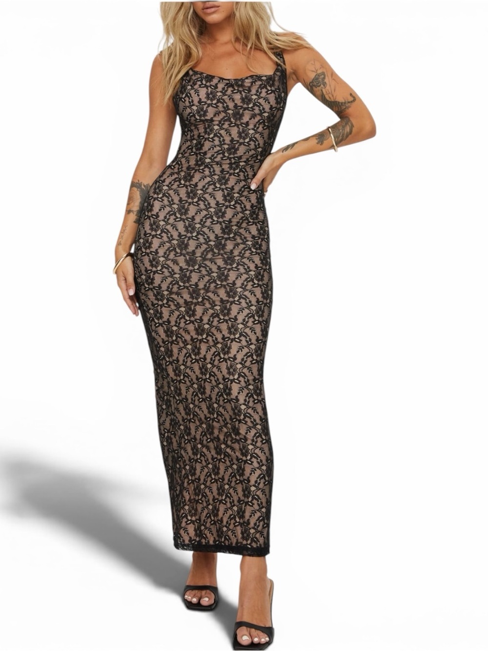 PRINCESS POLLY ✘ Romani Lace Cowl Maxi Dress Black Sheer Bodycon Evening Gown, 0 - Picture 2 of 9
